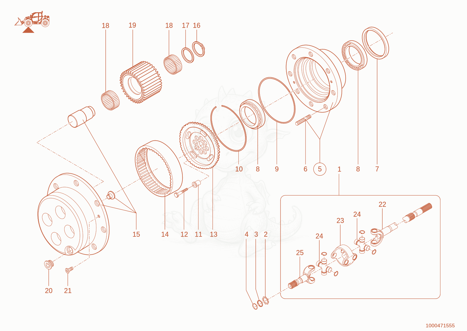 Exploded parts diagram of the wheel hub of a Wacker Neuson TH735(415-06), with numbered balloons