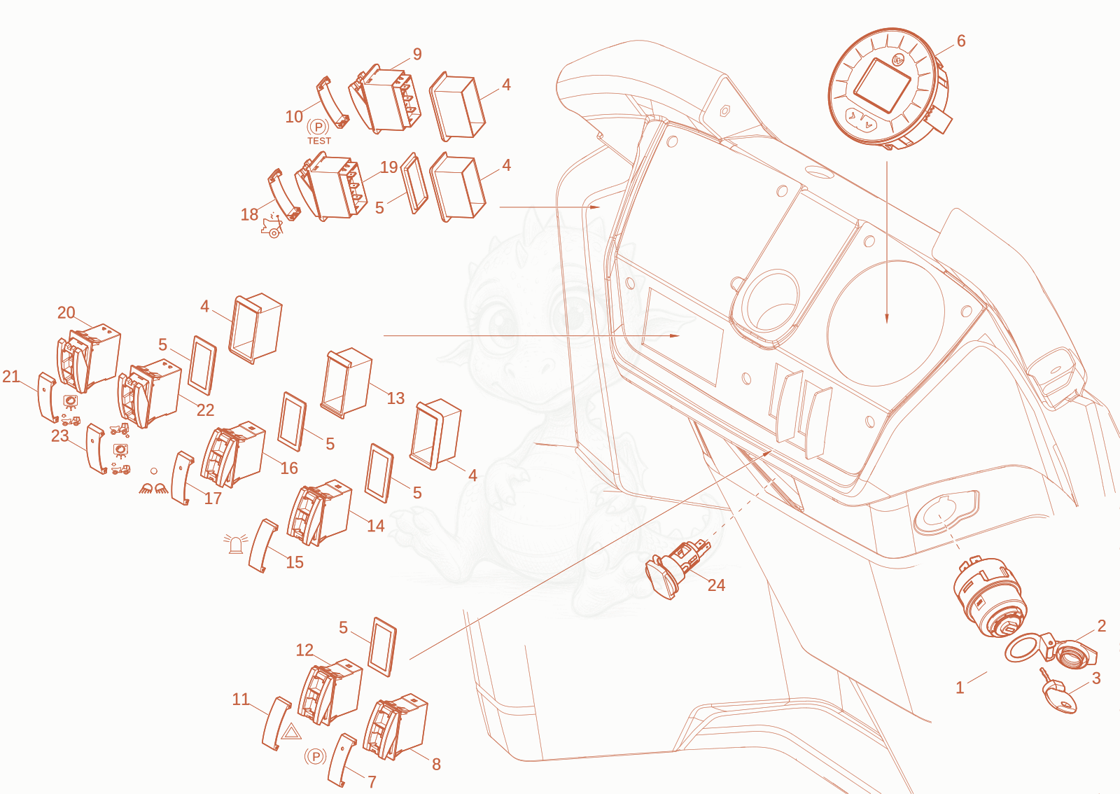Exploded parts diagram of the instrument panel of a Wacker Neuson DW20-2, with numbered balloons