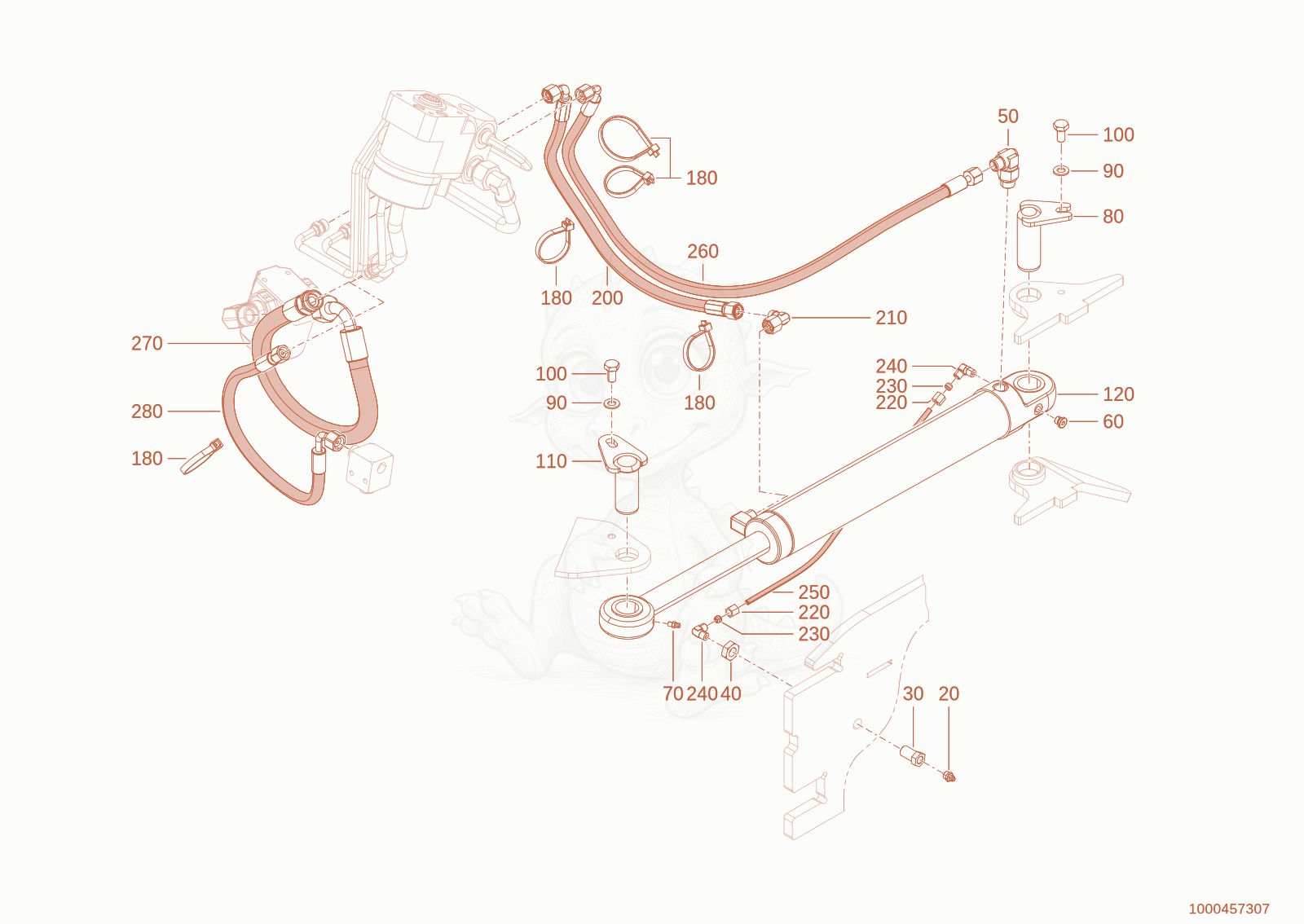 Exploded parts diagram of the Tubing steering cylinder of a Wacker Neuson WL28(A01-01), with numbered balloons