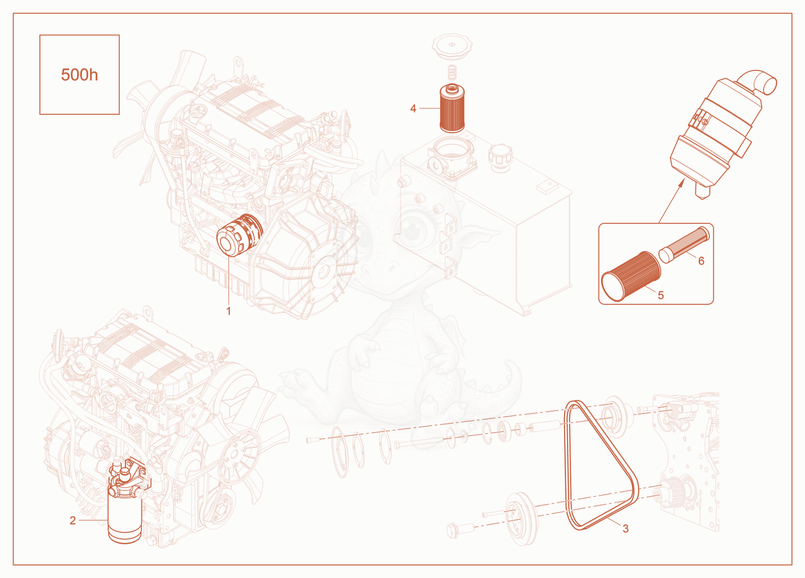 Exploded parts diagram of the Service (500h) of a Wacker Neuson RTD-SC4, with numbered balloons