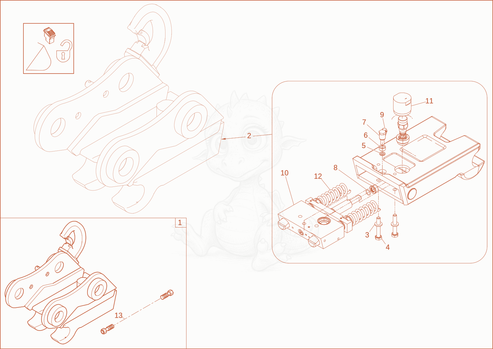Exploded parts diagram of the quick hitch (OPTION) of a Wacker Neuson EZ53, with numbered balloons