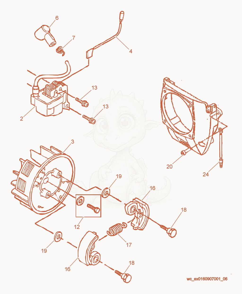 Exploded parts diagram of the Flywheel/Clutch of a Wacker Neuson P35, with numbered balloons