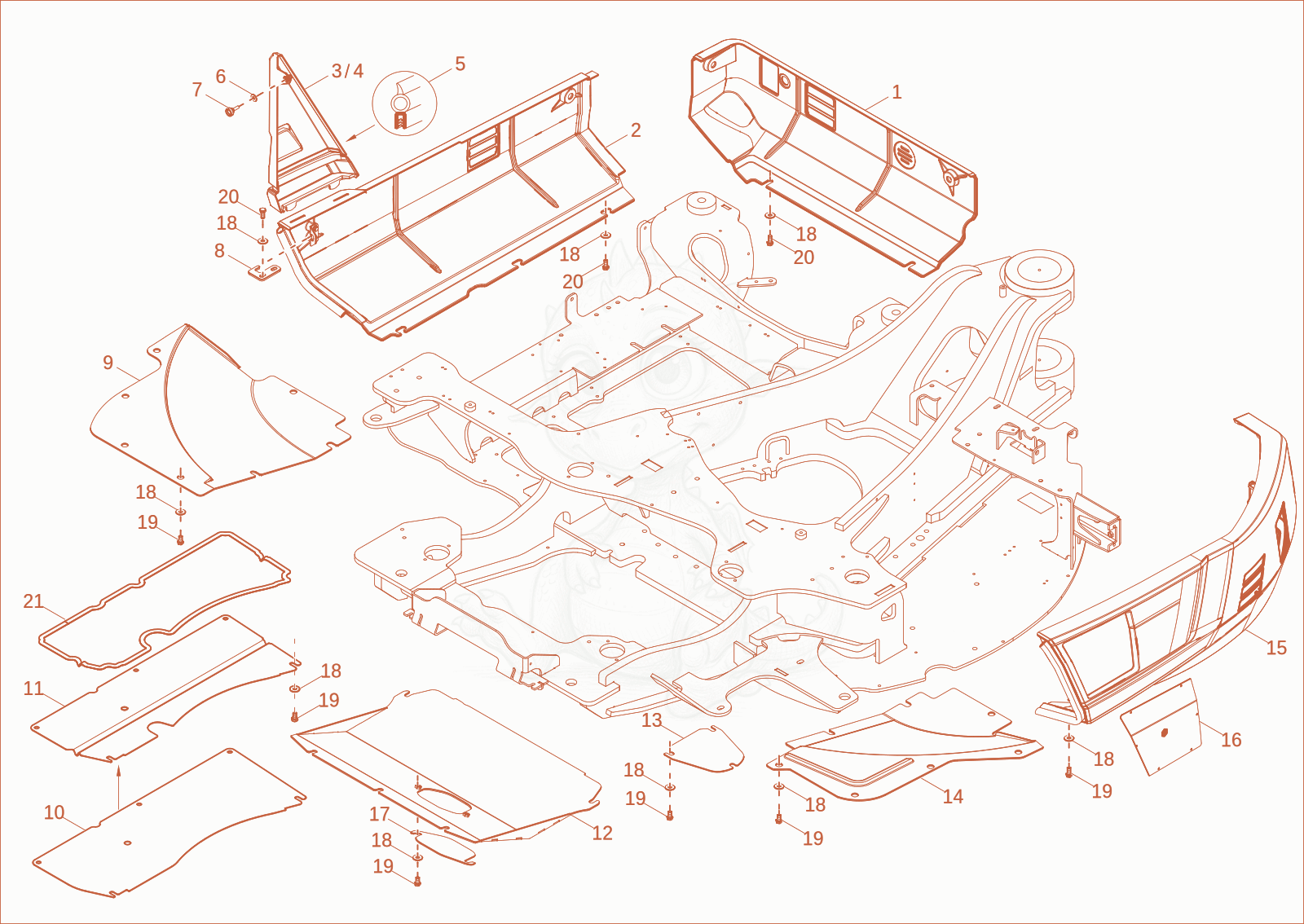 Exploded parts diagram of the chassis cover of a Wacker Neuson EW100-2, with numbered balloons