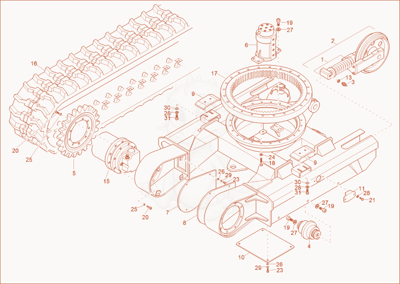 Exploded parts diagram of the TRACKLAYING GEAR of a Wacker Neuson 1402RDFORCE, with numbered balloons