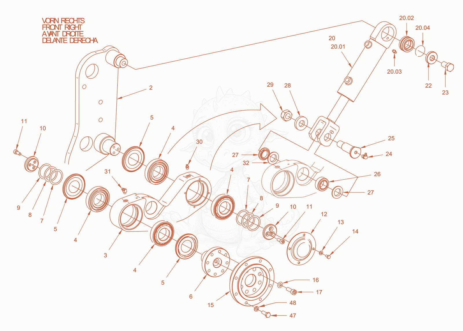 Exploded parts diagram of the edge pressing and cuttingdevice of a Wacker Neuson RD24-100CUS, with numbered balloons