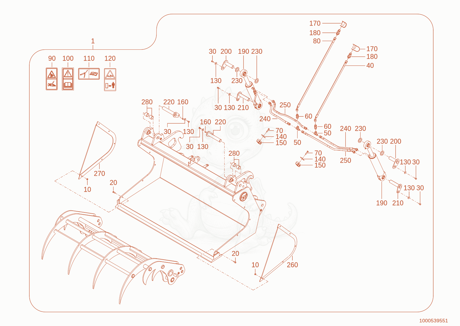 Exploded parts diagram of the multy purpose bucket of a Wacker Neuson WL28(A01-01), with numbered balloons