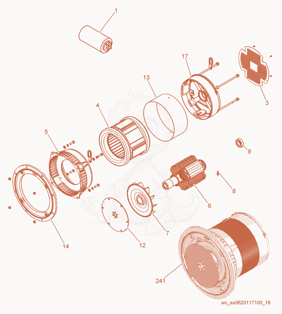 Exploded parts diagram of the Generator cpl. of a Wacker Neuson LTC6L, with numbered balloons