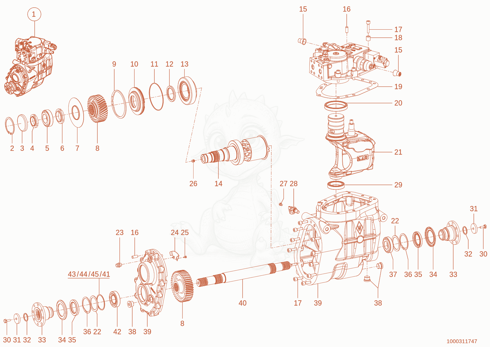 Exploded parts diagram of the Gearbox of a Wacker Neuson TH730(415-04), with numbered balloons