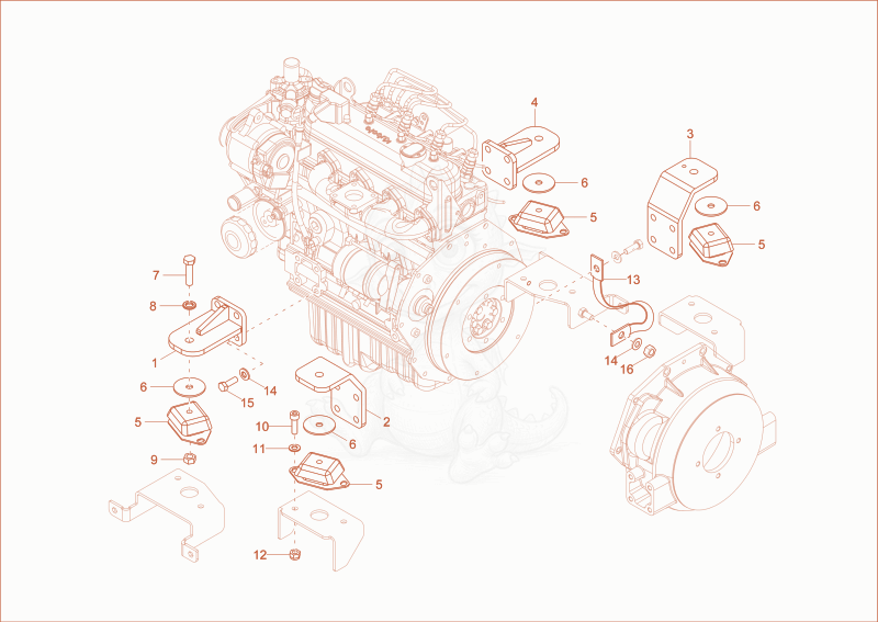 Exploded parts diagram of the ENGINE BEDDING of a Wacker Neuson DT23, with numbered balloons
