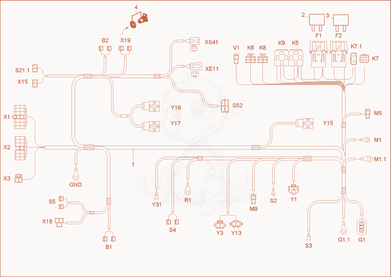 Exploded parts diagram of the wire harness chassis, engine of a Wacker Neuson 38Z3, with numbered balloons