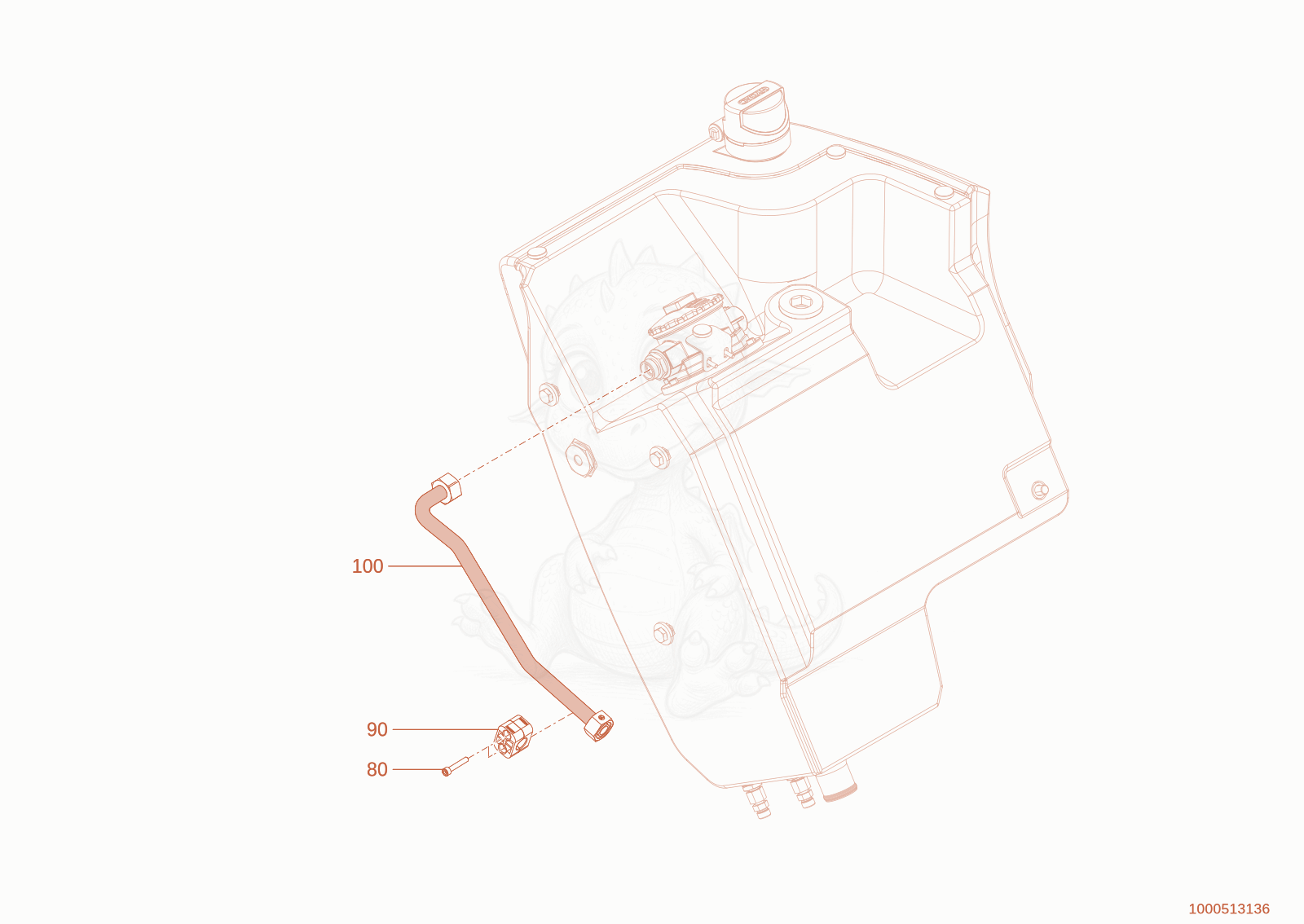 Exploded parts diagram of the pipe line backflow of a Wacker Neuson TH412E(T02-01), with numbered balloons
