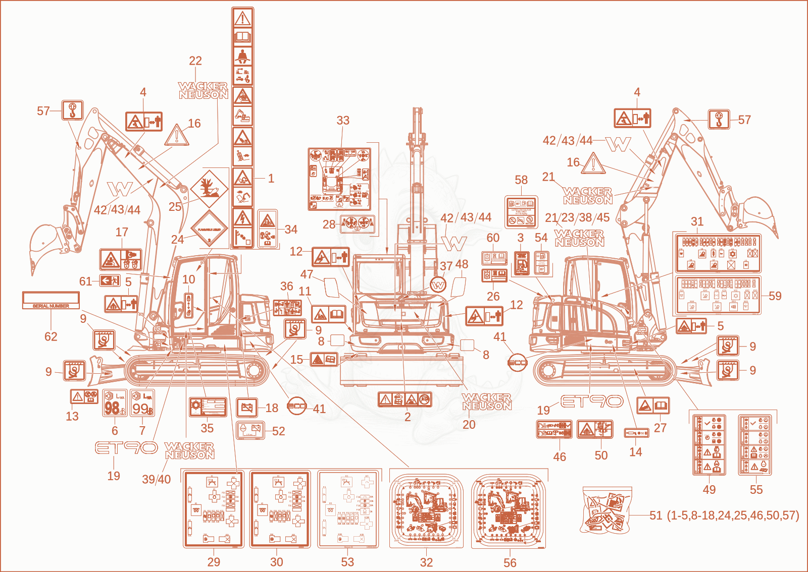 Exploded parts diagram of the sticker of a Wacker Neuson ET90, with numbered balloons