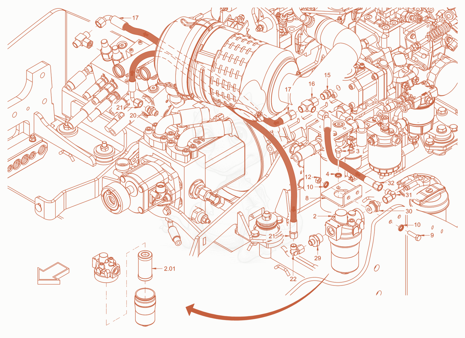 Exploded parts diagram of the Bypass Oil Filter of a Wacker Neuson RD45-140C, with numbered balloons