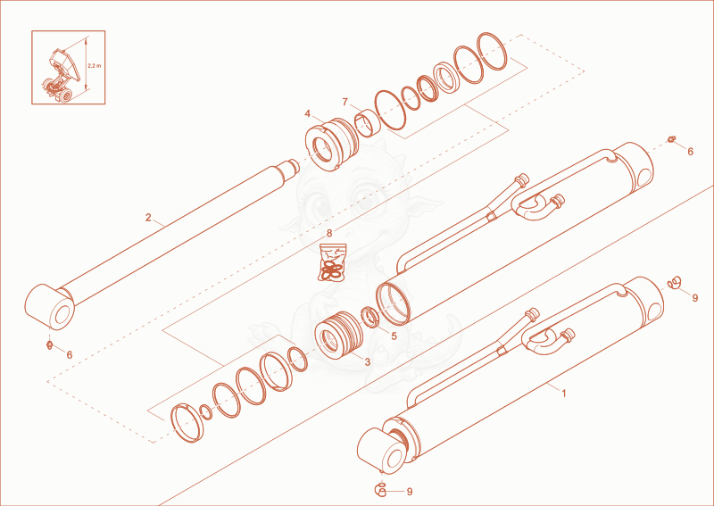 Exploded parts diagram of the tilt ram (Option) of a Wacker Neuson DW20, with numbered balloons
