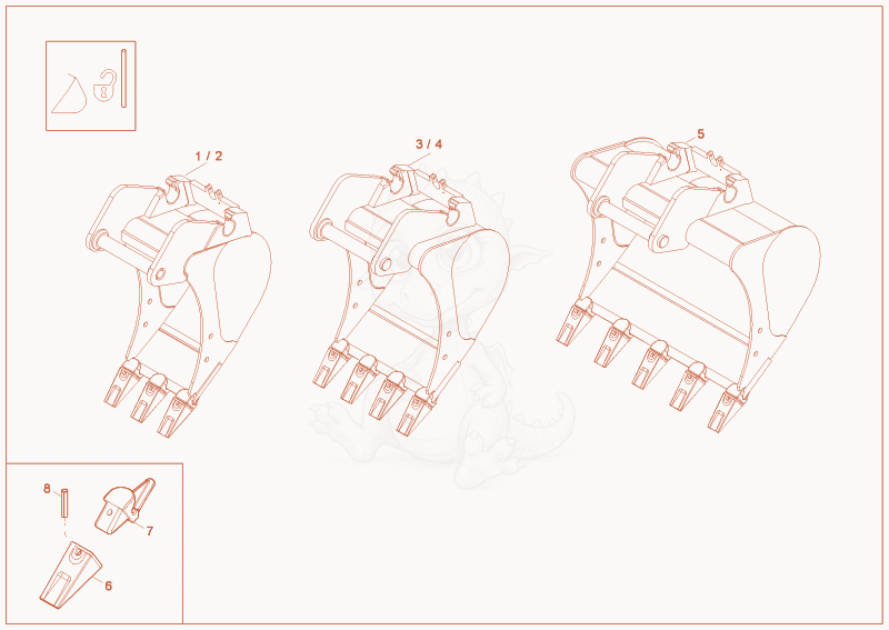Exploded parts diagram of the bucket QHS of a Wacker Neuson EZ53, with numbered balloons