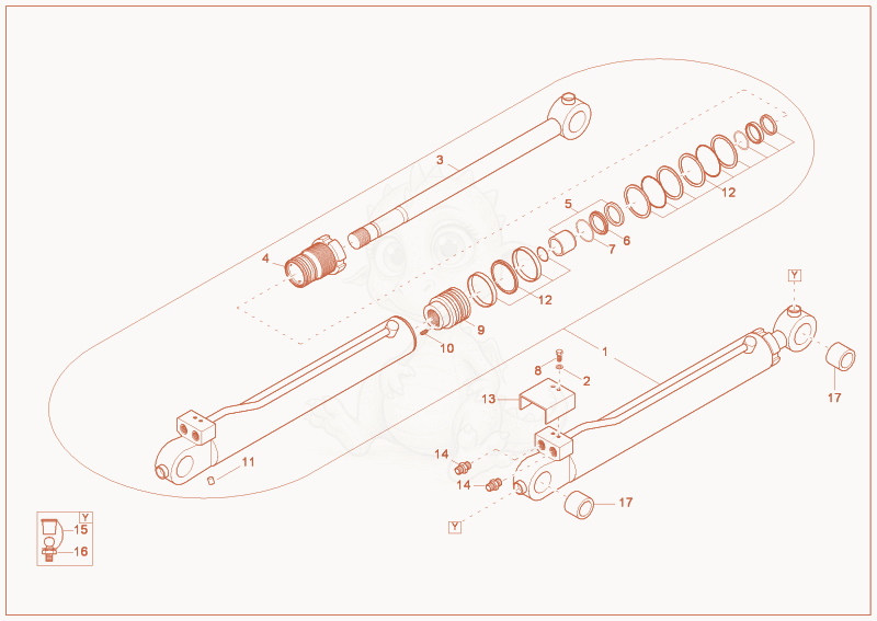 Exploded parts diagram of the dipper arm cylinder of a Wacker Neuson 2702RD, with numbered balloons