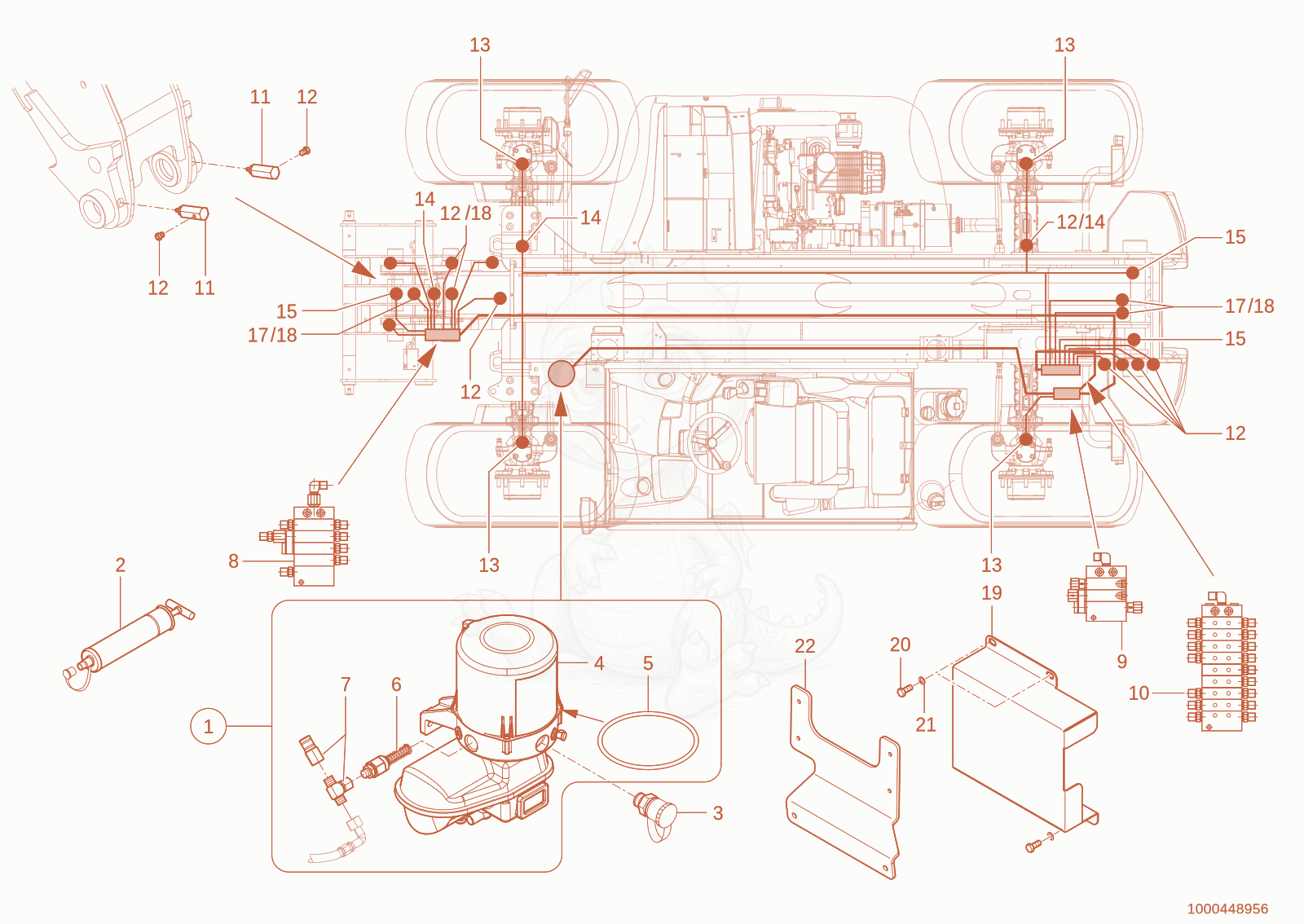 Exploded parts diagram of the central greasing divice of a Wacker Neuson TH942(416-39), with numbered balloons