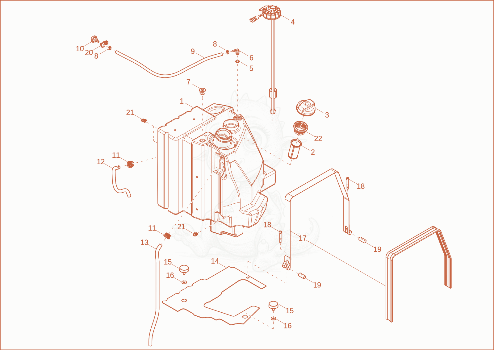 Exploded parts diagram of the fuel tank of a Wacker Neuson ET42, with numbered balloons