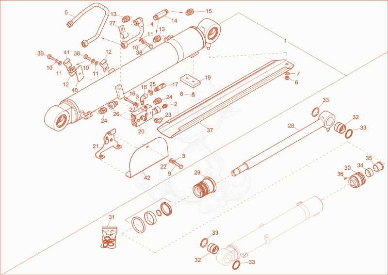 Exploded parts diagram of the boom cylinder of a Wacker Neuson ET65, with numbered balloons