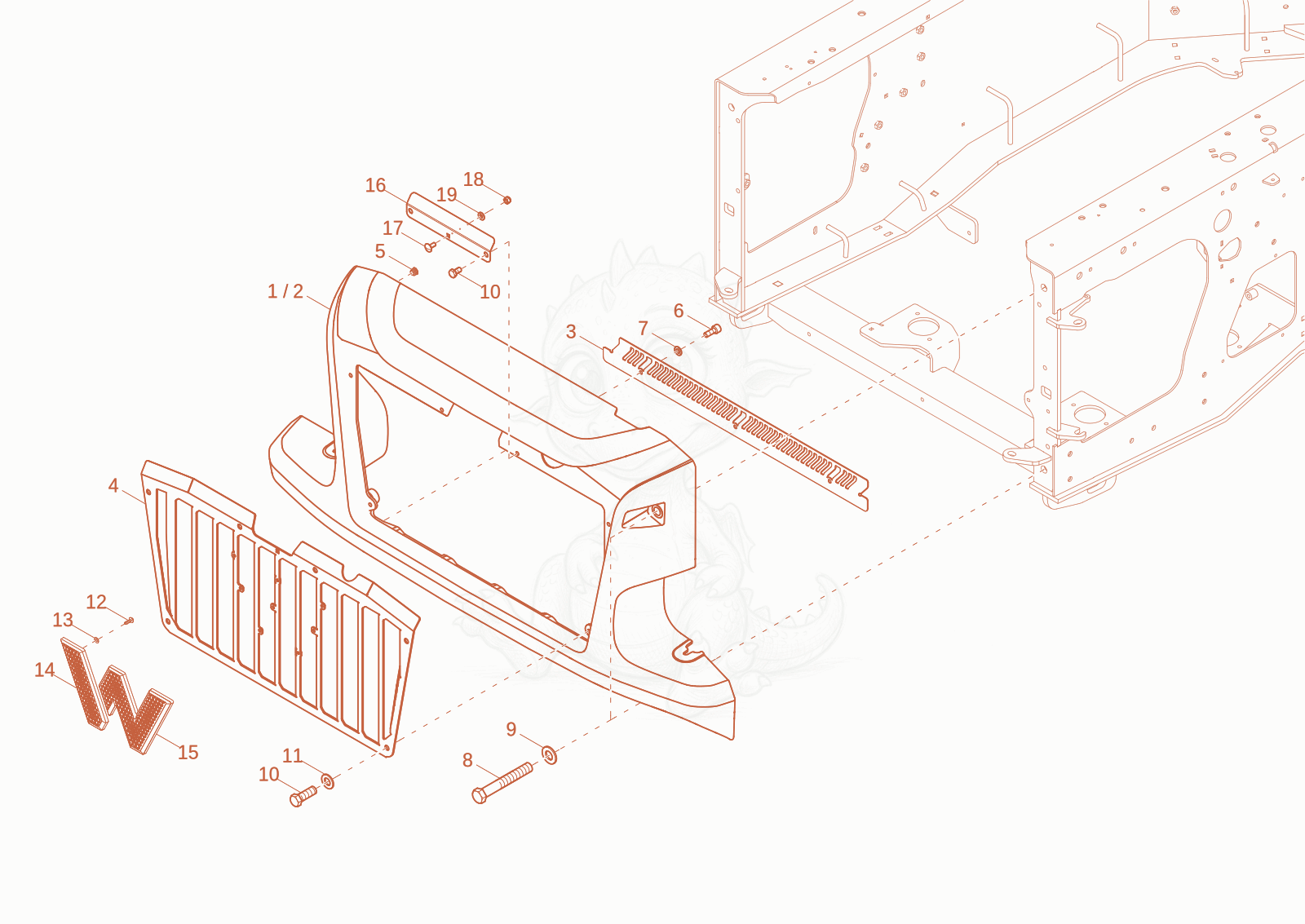 Exploded parts diagram of the bumper of a Wacker Neuson DV45, with numbered balloons