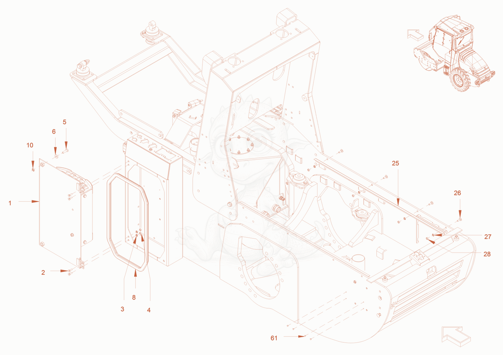 Exploded parts diagram of the canopies and covers of a Wacker Neuson RC70P, with numbered balloons
