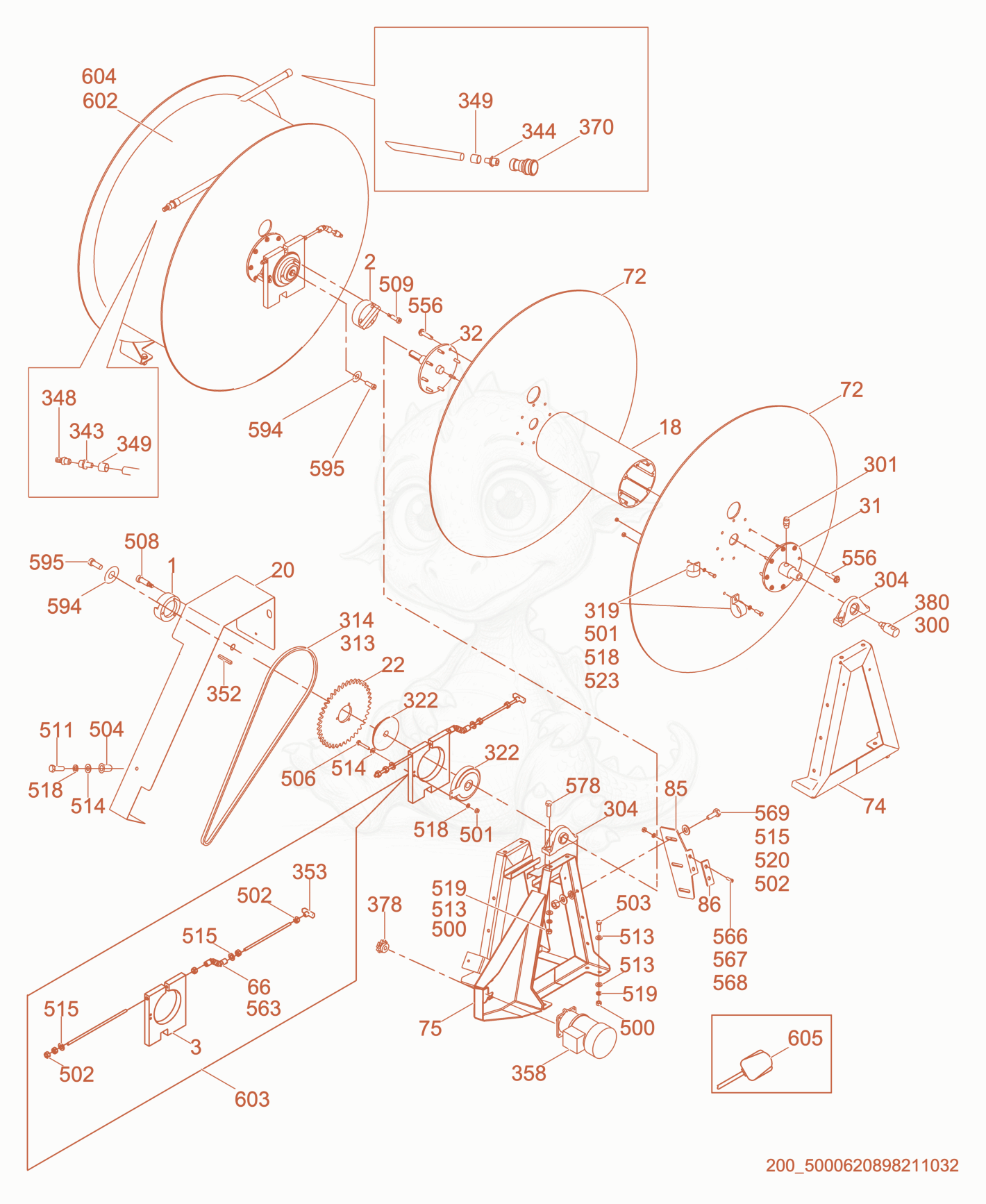 Despiece del Reel cpl. de una máquina Wacker Neuson E5000, con globos numerados