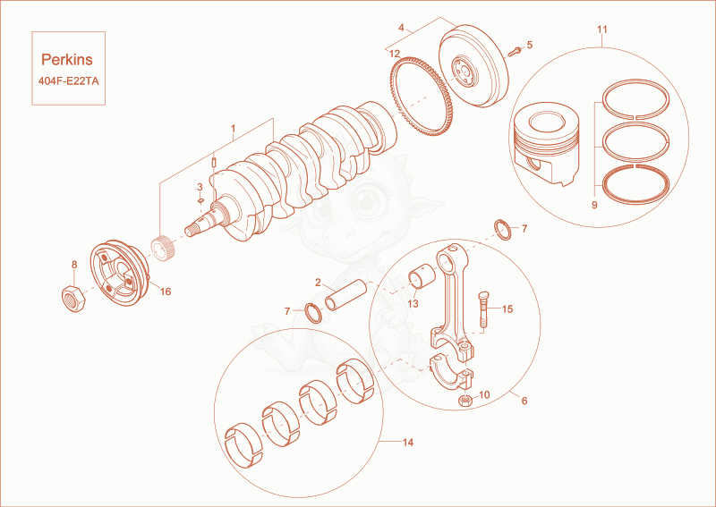Exploded parts diagram of the crankshaft, piston of a Wacker Neuson EW65, with numbered balloons