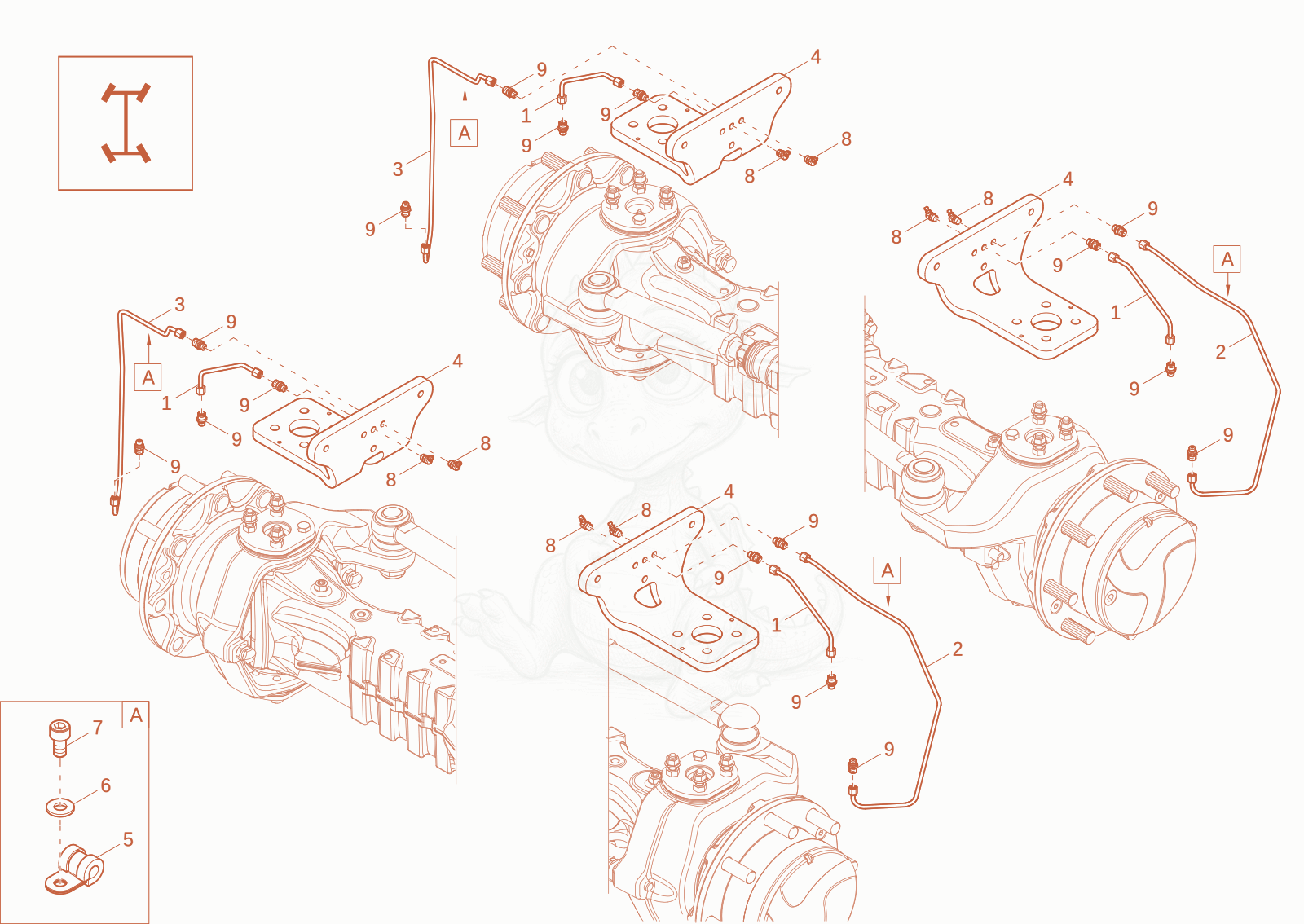 Despiece del LUBRICATION axles (option) de una máquina Wacker Neuson EW100-2, con globos numerados