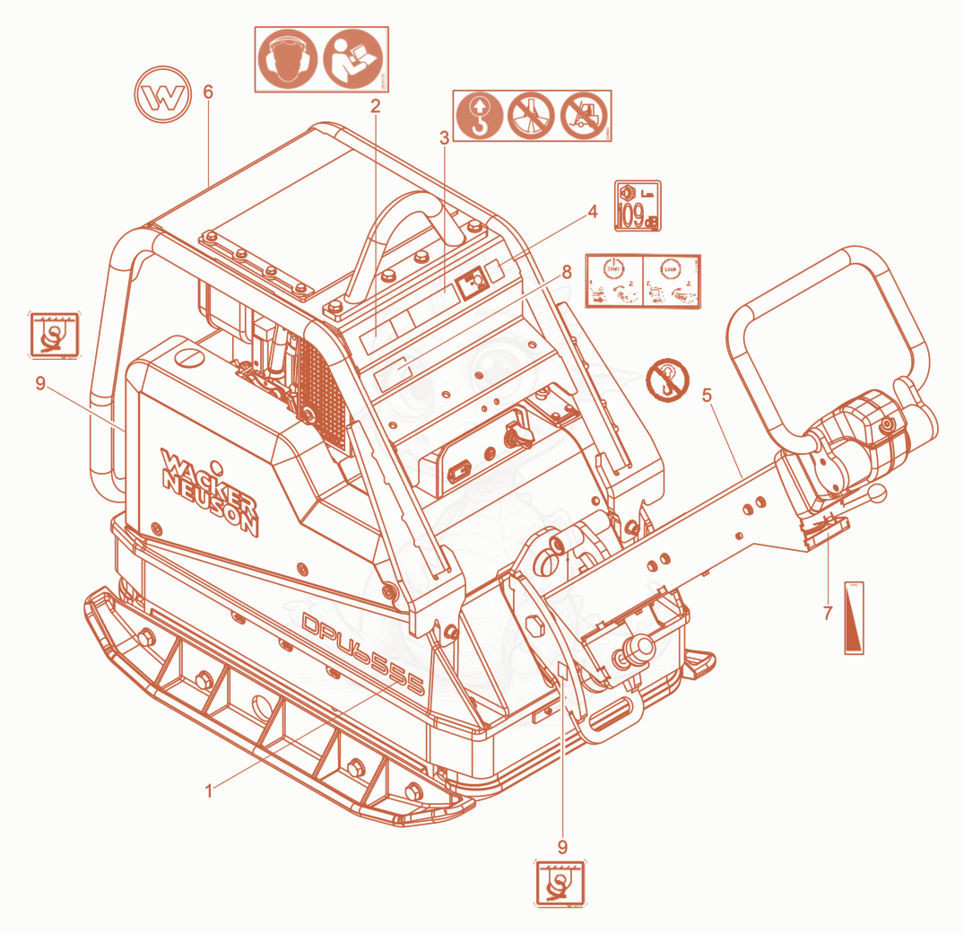 Exploded parts diagram of the Labels of a Wacker Neuson DPU6555HESH, with numbered balloons